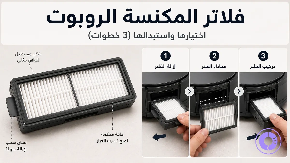 فلتر Roomba بديل مع توضيح الشكل وخطوات الإزالة والتركيب