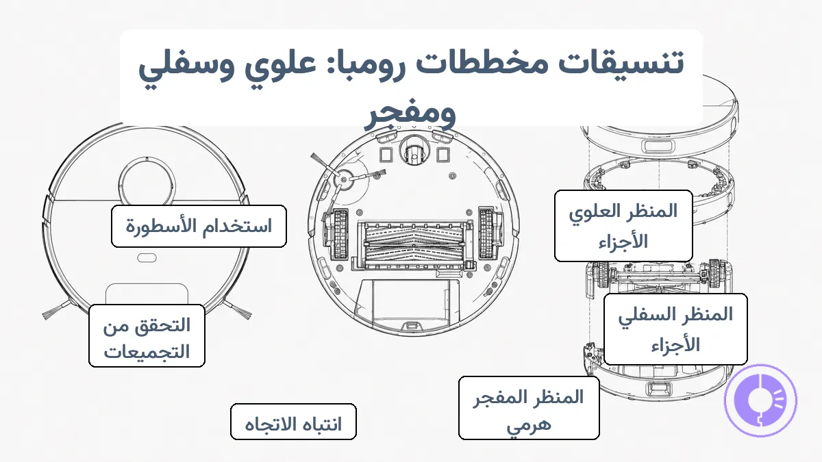 مقارنة بين المنظر العلوي والمنظر السفلي والمنظر التفجيري لمخططات قطع غيار Roomba.