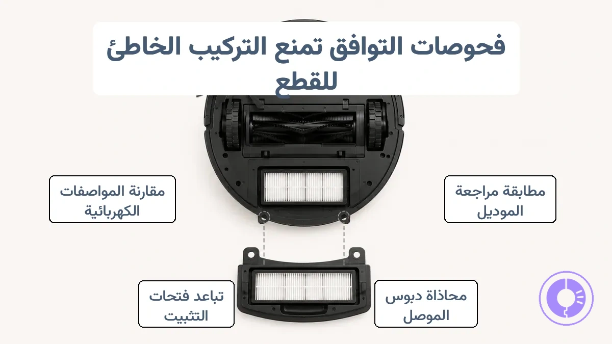 التحقق من توافق قطعة Roomba بمقارنة الموديل وشكل القطعة ونقاط التثبيت والموصل