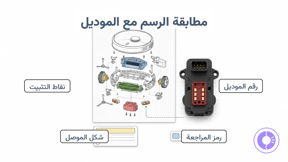 موقع بيانات تعريف Roomba ومؤشرات شكل الموصل المستخدمة لمطابقة مخطط القطع بالطراز والإصدار المناسبين.