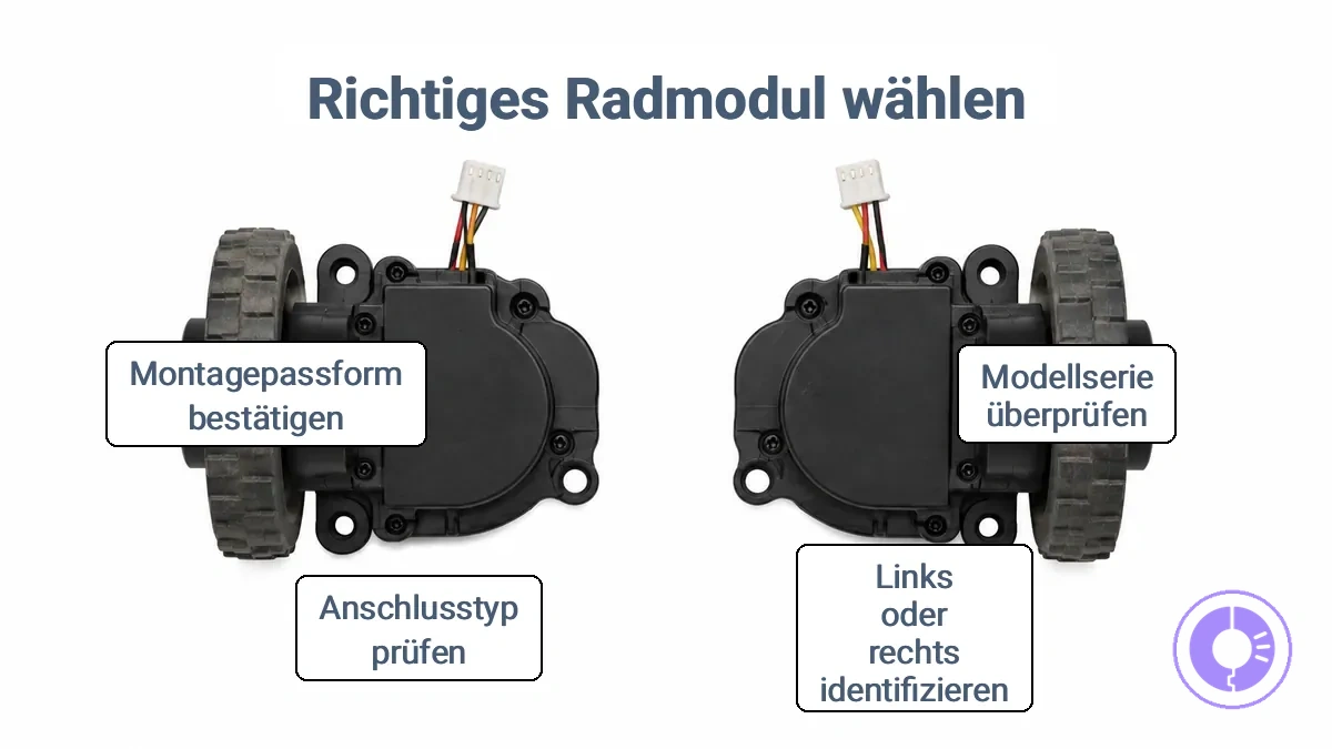 Linkes und rechtes Roomba-Radmodul: Ausrichtung und Steckerplatzierung