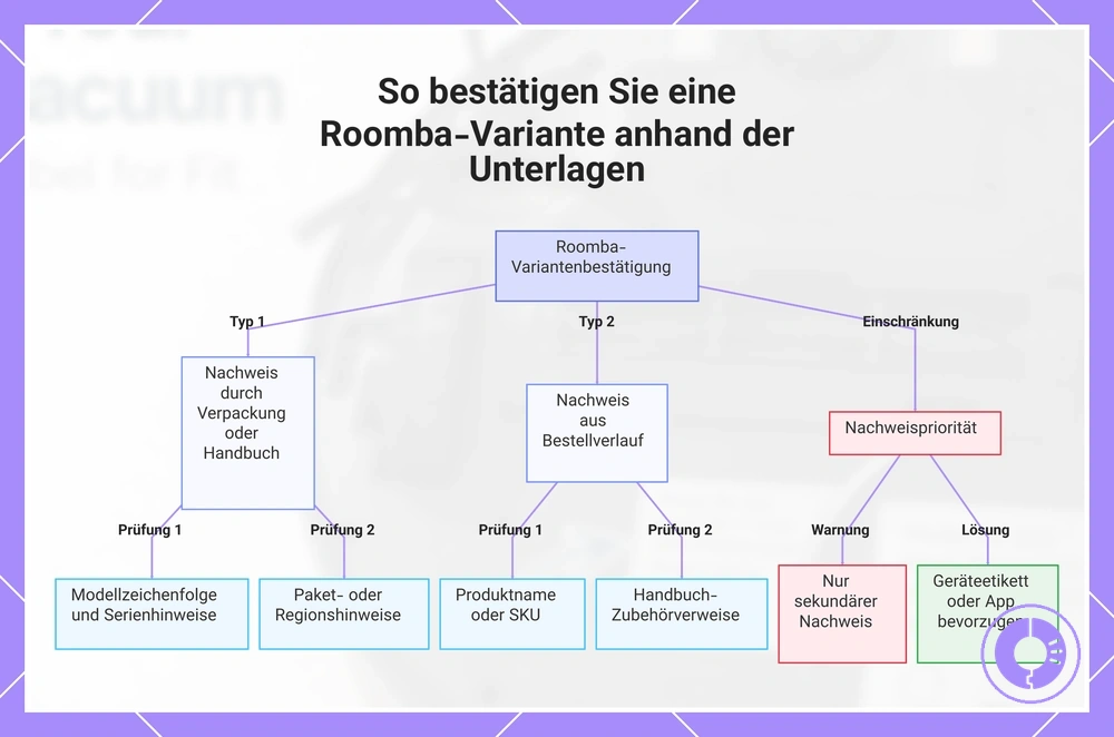 Vergleich von Verpackung, Unterlagen und Gerätekennzeichnung zur Bestätigung einer Roomba-Variante