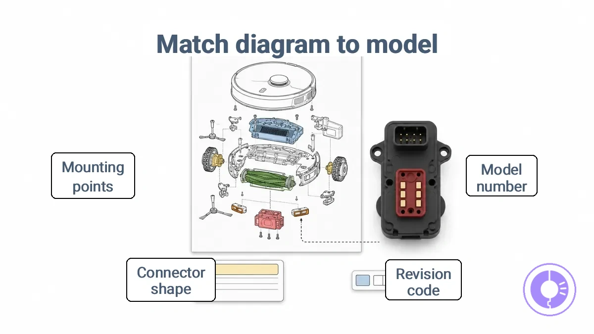 Annotated Roomba label area and connector shape cues used to match a parts diagram to the correct model and revision; revision varies by production batch.
