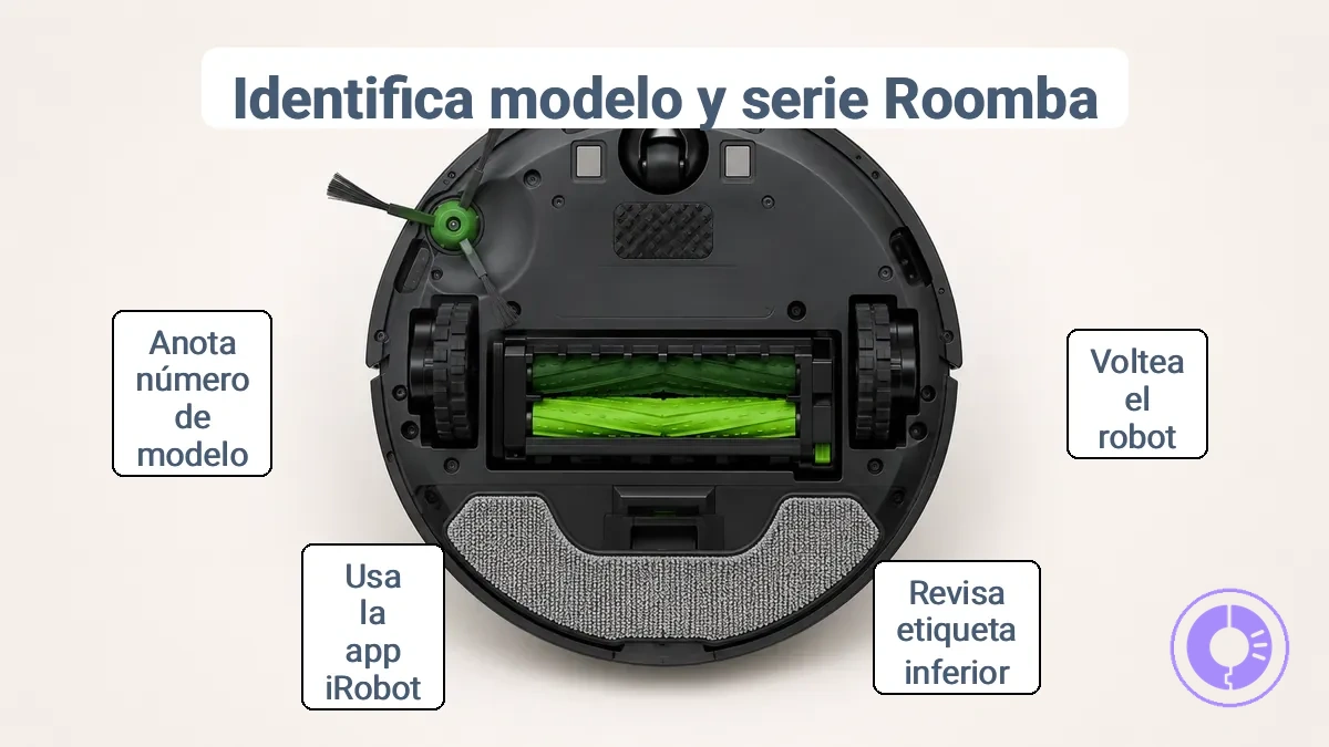 Etiqueta de identificación de un Roomba para localizar el modelo y la familia o serie de producto