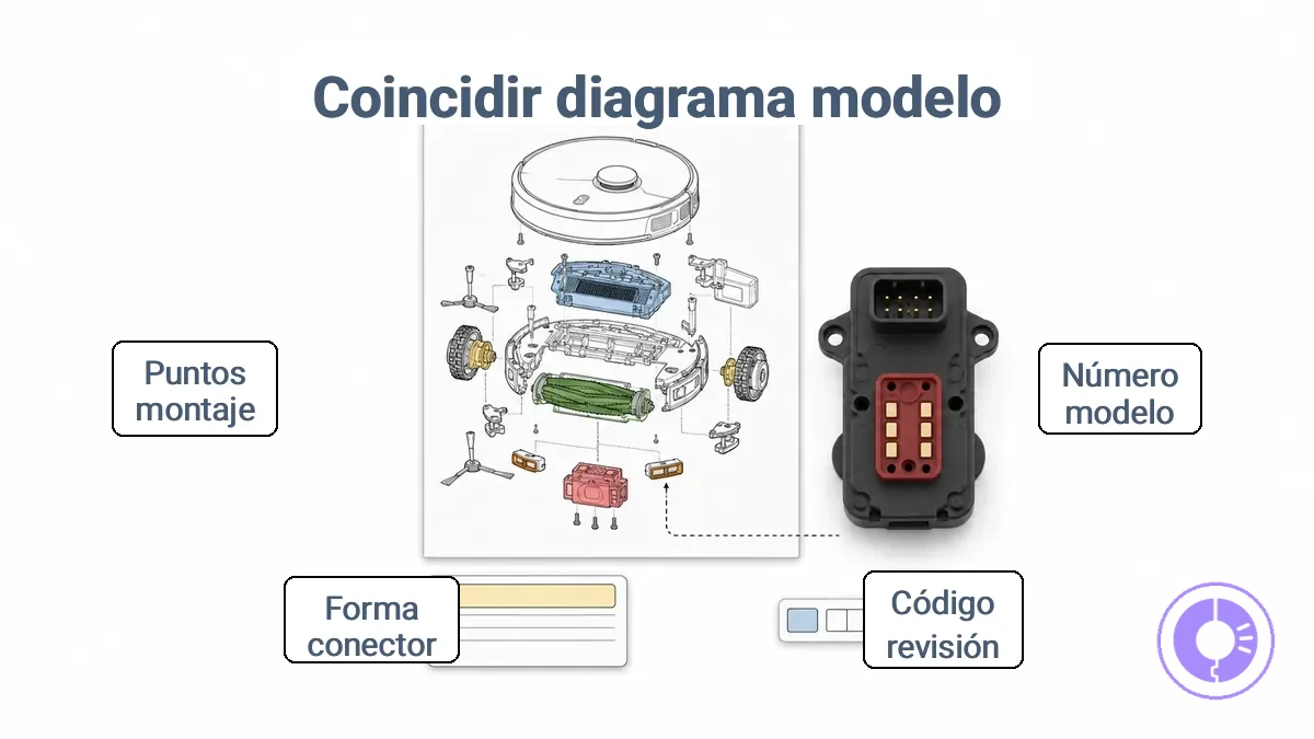 Área de etiqueta de Roomba y pistas de forma y conector para relacionar un diagrama de piezas con la unidad correcta