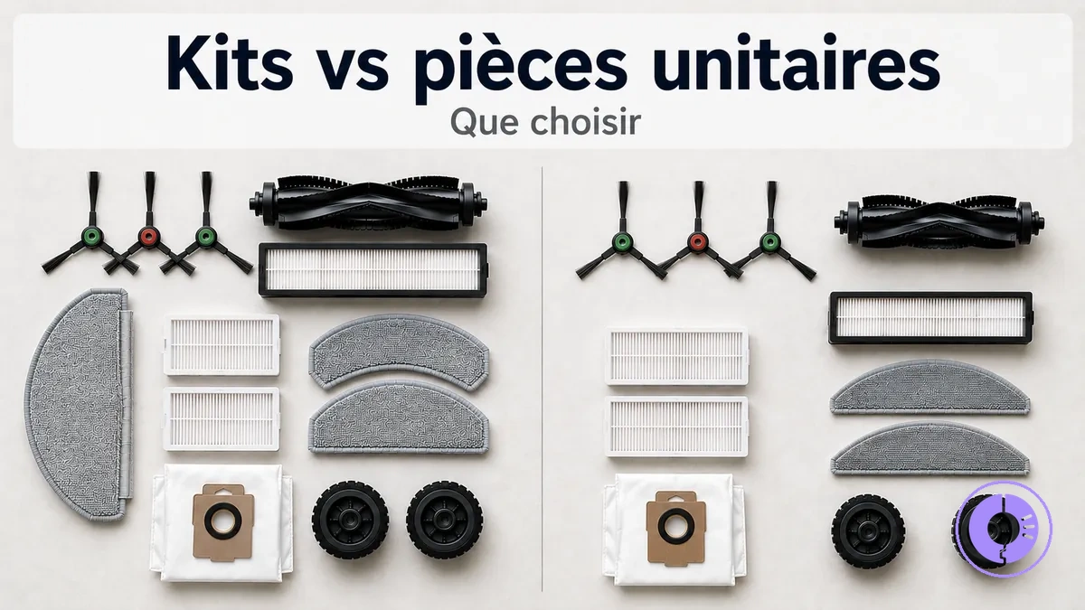 Comparaison visuelle d’un kit de pièces Roomba et de pièces de rechange unitaires