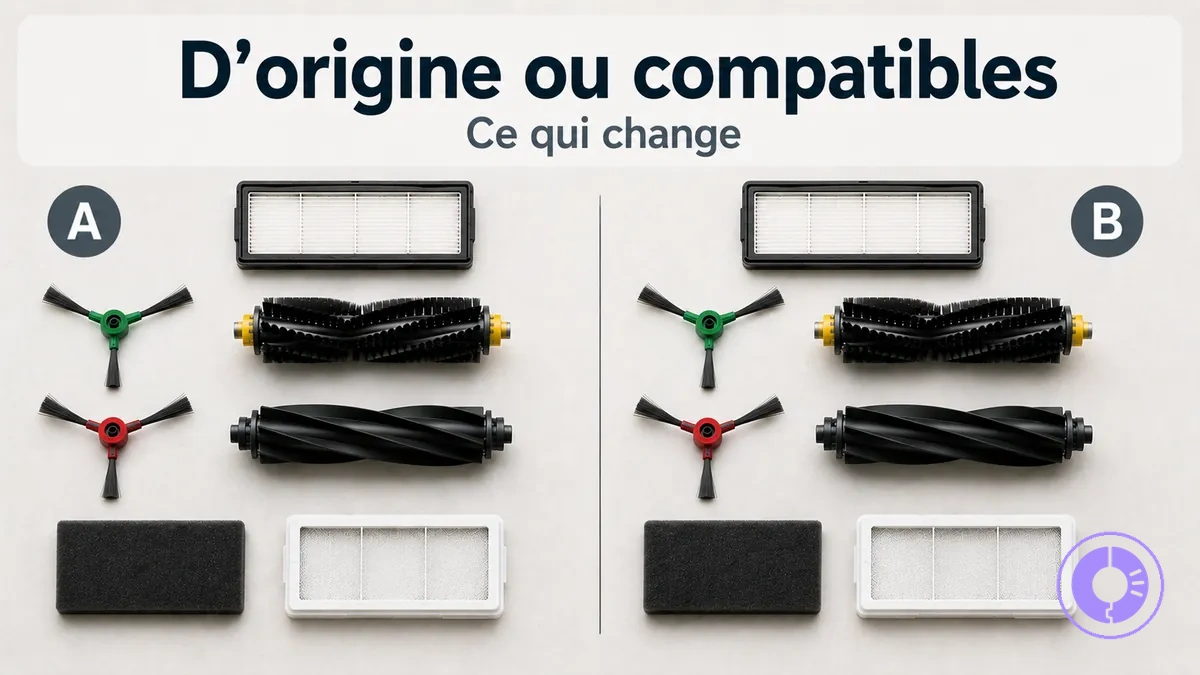 Deux ensembles de pièces Roomba côte à côte pour comparer des pièces d’origine et compatibles
