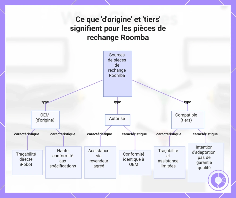 Schéma comparant les statuts d’origine, de revendeur agréé et compatible pour les pièces de rechange Roomba