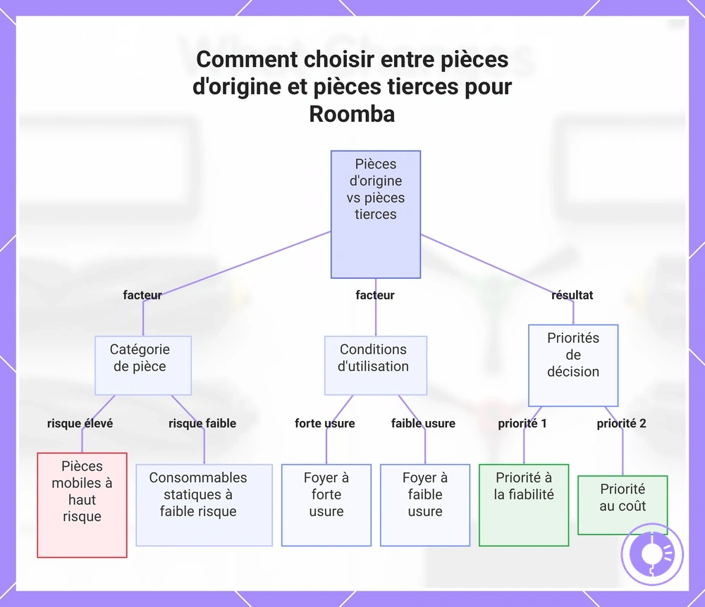 Diagramme de décision pour choisir entre pièces Roomba d’origine et compatibles selon la pièce et les conditions d’usage