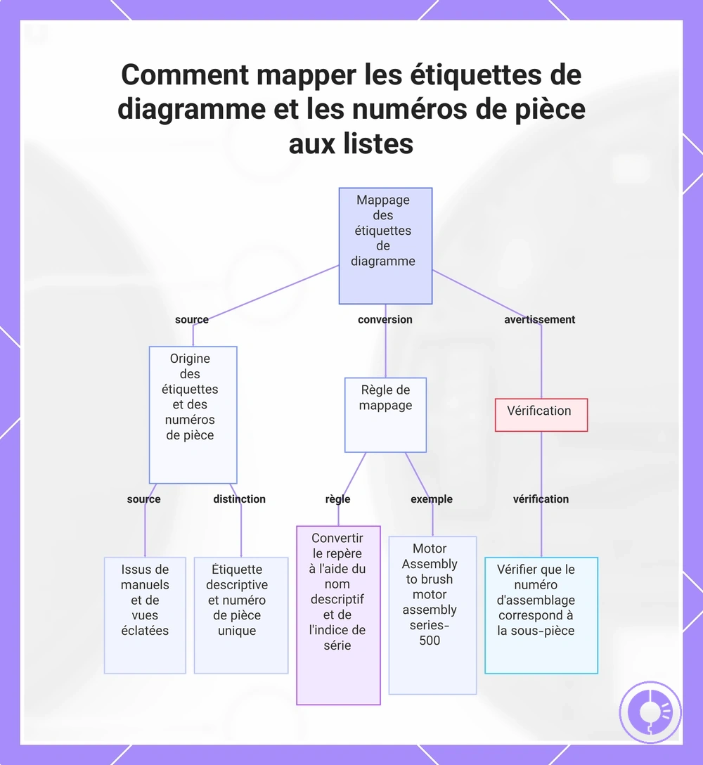 Correspondance entre les repères d’un schéma, les références de pièces et les annonces