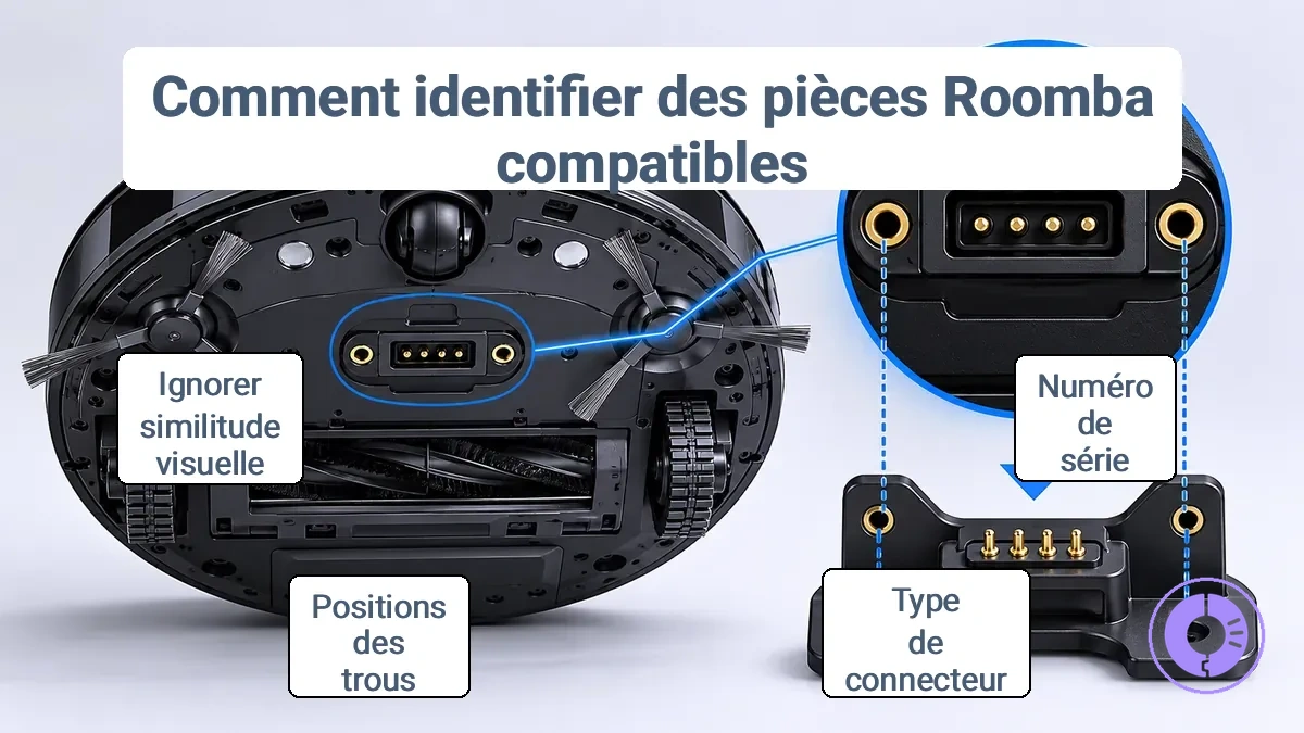 Emplacement de l'étiquette modèle/série Roomba et points de montage clés à comparer pour la compatibilité des pièces de rechange