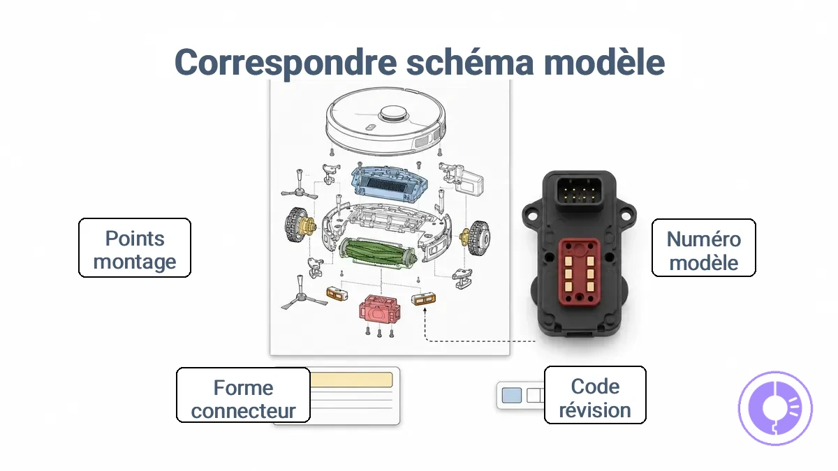 Zone d’étiquette Roomba annotée et indices de forme et de connecteur utilisés pour faire correspondre un schéma au modèle et à la révision