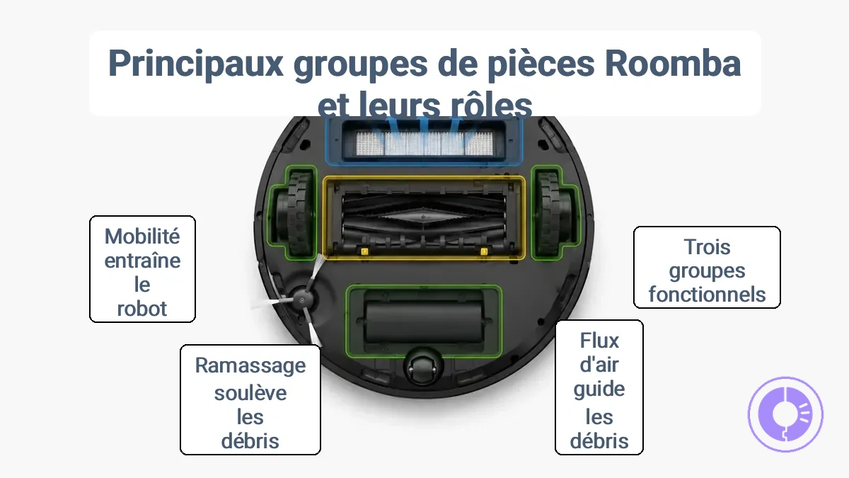 Groupes de pièces Roomba : flux d’air et filtration, captage, mobilité et alimentation