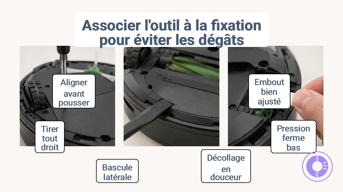 Photo annotée montrant des fixations, clips et connecteurs Roomba pour éviter d’endommager les vis ou de casser les attaches