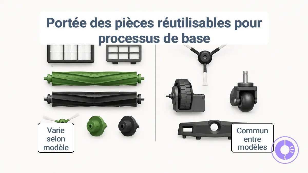 Pièces Roomba courantes remplaçables par l’utilisateur avec variation des étapes d’accès selon le modèle