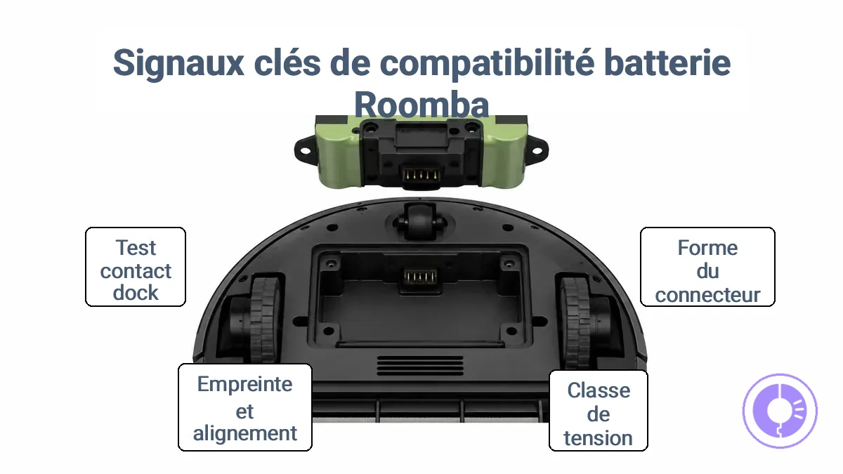 Alignement du connecteur et du compartiment pour la vérification de l’adaptation du bloc-batterie Roomba