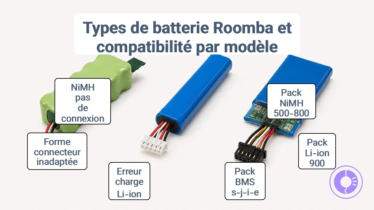 Connecteur et compartiment de batterie Roomba montrant les indices d’adaptation