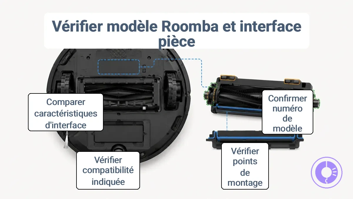 Emplacement possible de l’étiquette du modèle Roomba et caractéristiques d’interface à comparer : forme, montage et connecteurs