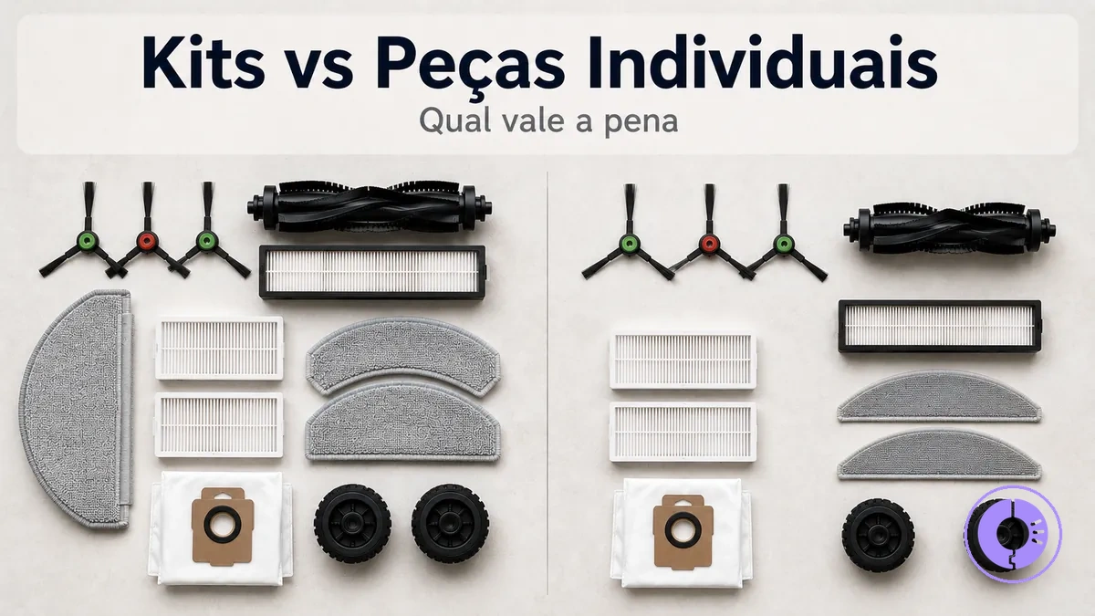 Kit de peças do Roomba comparado com peças avulsas mostrando o conteúdo incluído