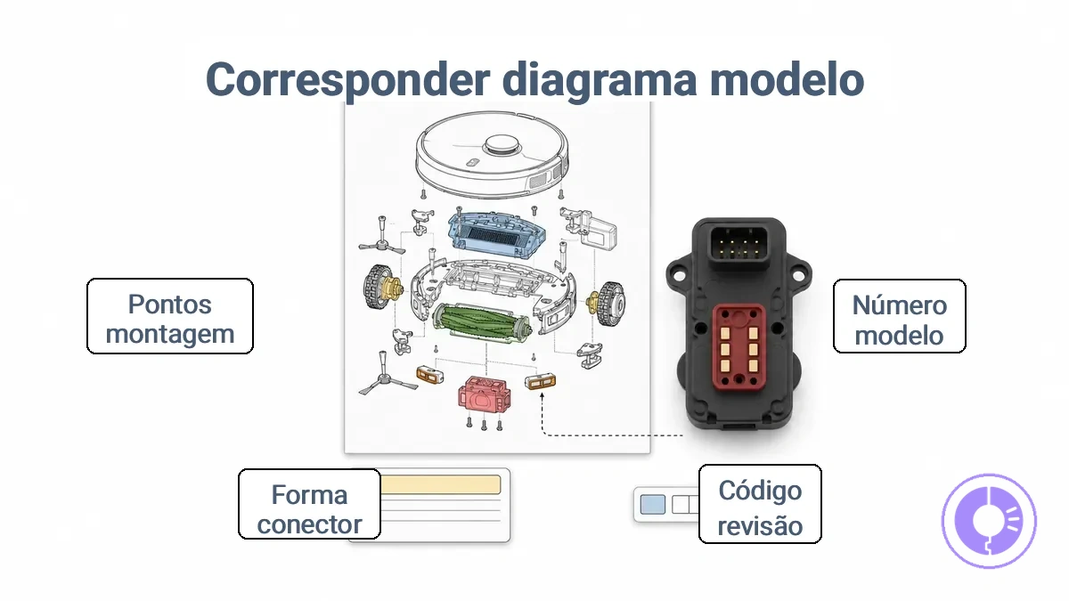 Área do rótulo do Roomba e pistas de formato do conector usadas para comparar o diagrama de peças com a unidade