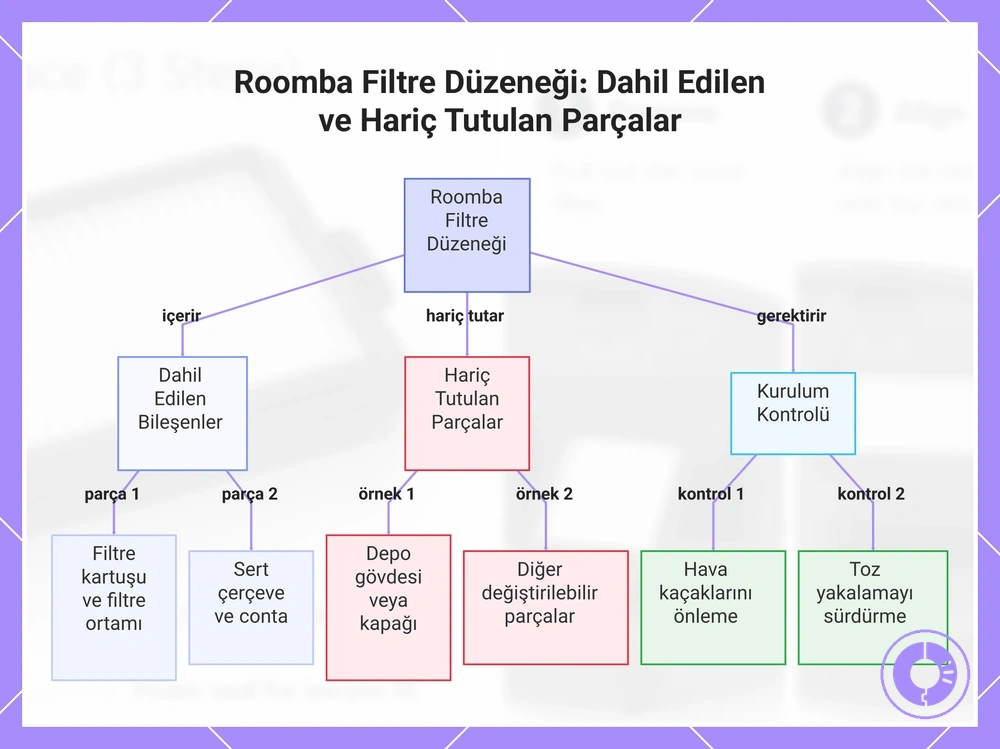 Roomba filtre düzeneğinde filtre kartuşu, çerçeve ve ayrı bakım parçalarını gösteren şema
