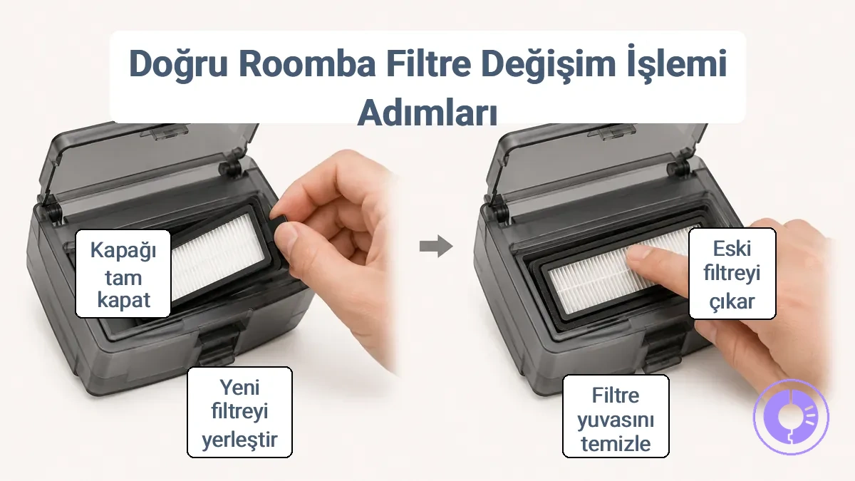 Roomba yedek filtresini çıkarma, yuvayı temizleme, yeni filtreyi oturtma ve son kontrol adımları