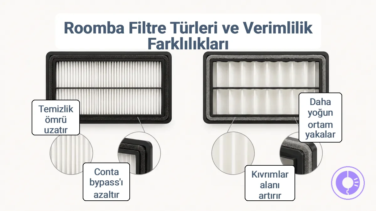 Roomba yedek filtrelerinde filtre ortamı, kıvrım yapısı ve çerçeve biçimi farklarını gösteren karşılaştırma