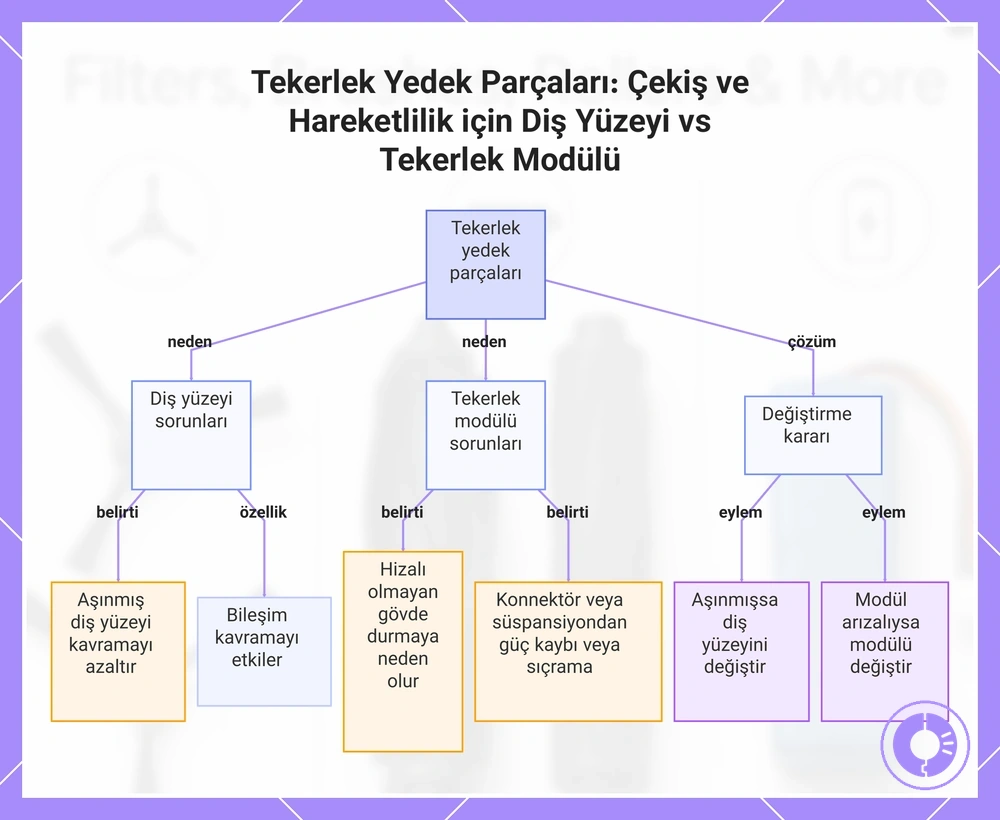 Roomba tekerlek yedek parçalarında lastik sırtı ile tekerlek modülü farkı