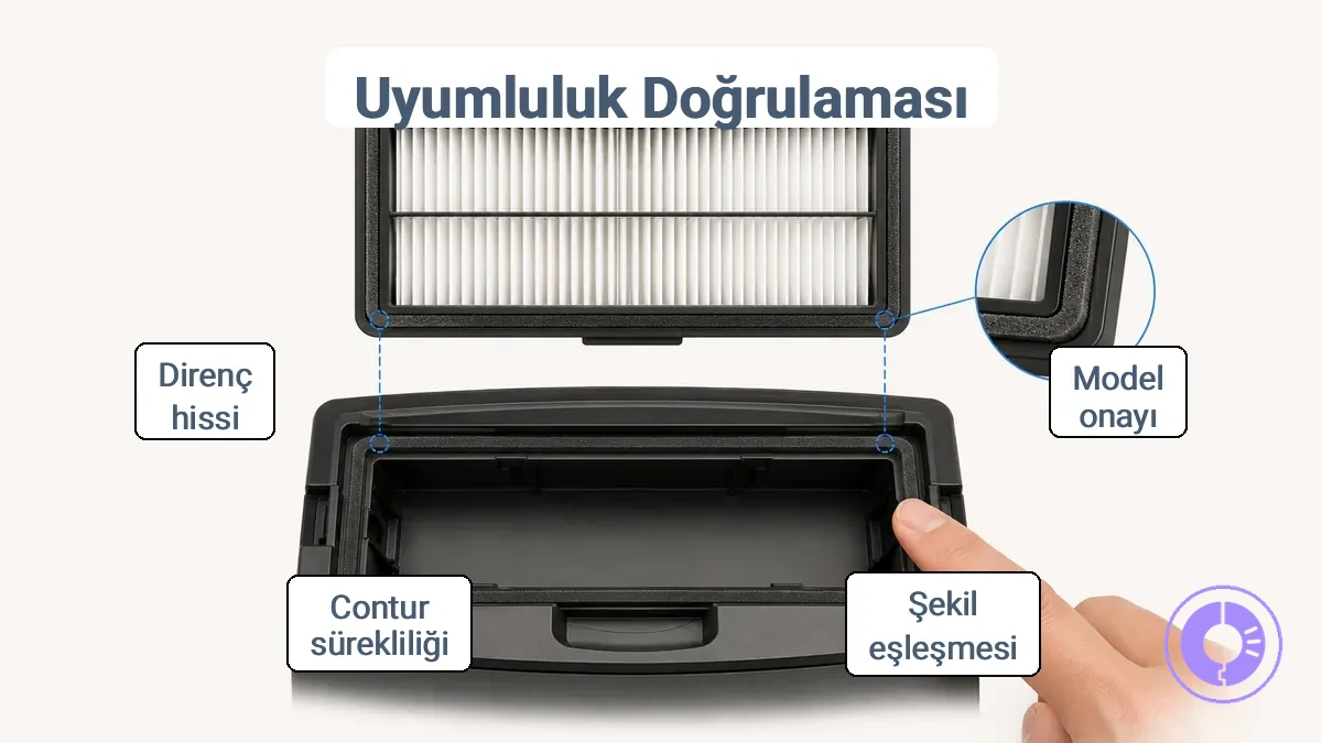 Roomba filtresinde model uyumluluğu, şekil eşleşmesi ve çerçevenin yuvaya oturmasını gösteren şema